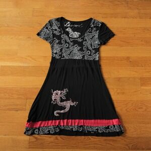 Desigual Dress Womens Black Graphic Dragon Print Y2K Aesthetic Small Mini